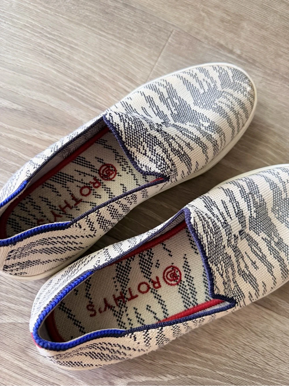 Rothy's Cream and Navy Patterned Slip-On Loafers